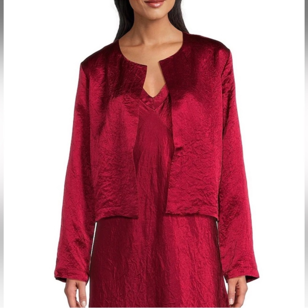 Nwt Eileen Fisher Textured Satin Round Neck Long Sleeve Cropped Jacket